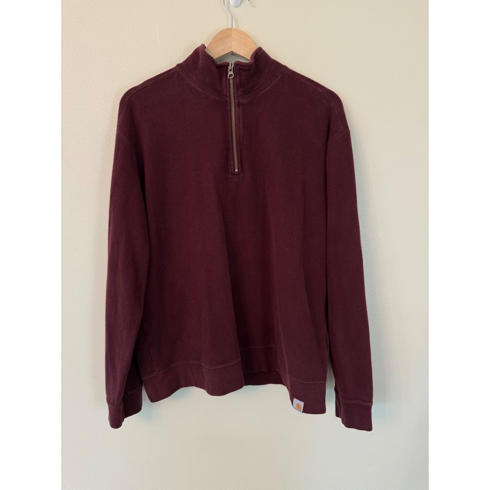 Carhartt Mens Large Burgundy Maroon 1/4 Zip Cotton Pullover Sweater